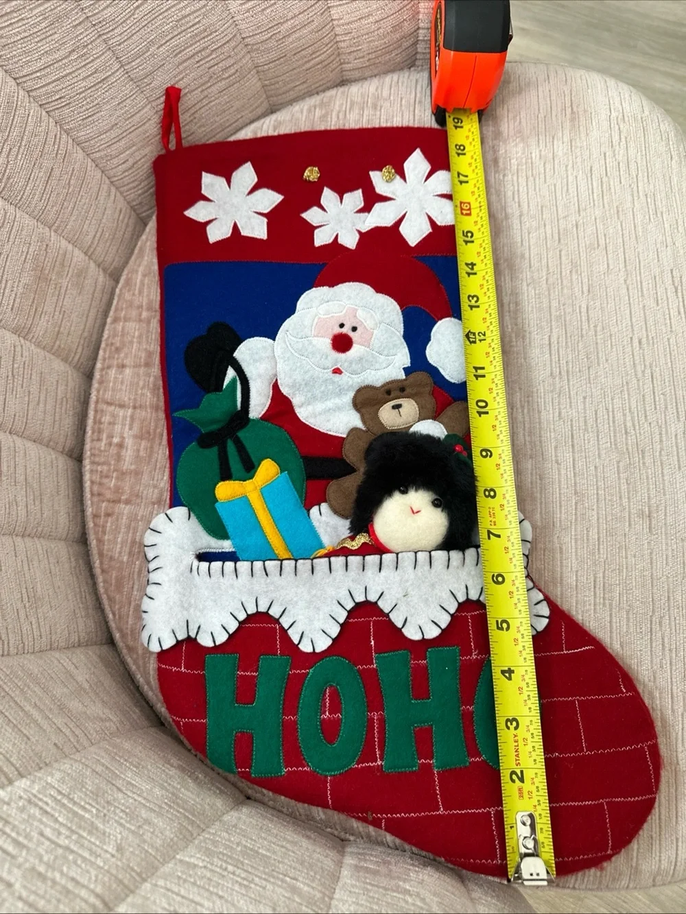 Vintage Felt Christmas Stocking Santa Teddy Fireplace & Nutcracker Soldier 19”